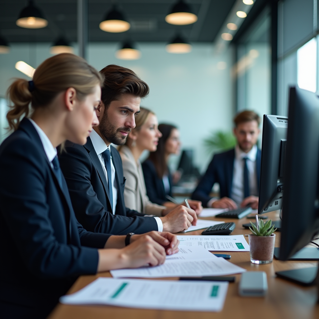 Équipe professionnelle de JURIDPARLANT travaillant sur des dossiers d'amendes routières dans un bureau moderne avec des documents juridiques et des ordinateurs