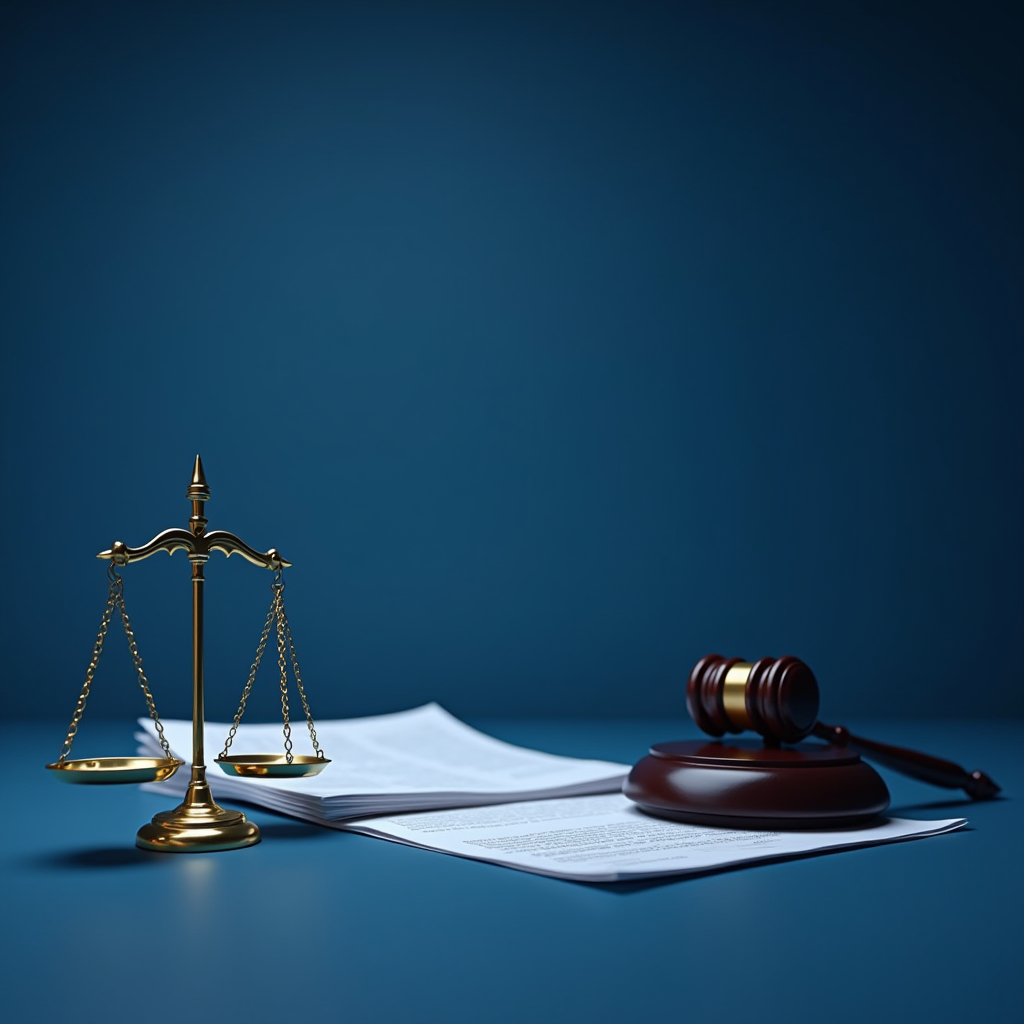 Arrière-plan professionnel représentant l'assistance juridique avec des icônes de balance de justice et documents administratifs dans des tons bleu marine