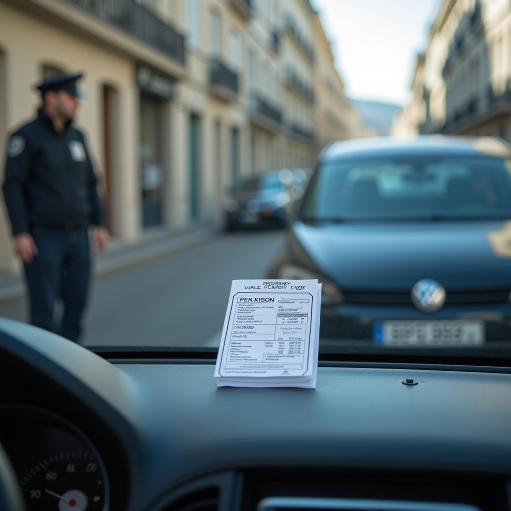 Contravention de stationnement placée sur le pare-brise d'une voiture garée dans une rue française, avec un agent de police en arrière-plan