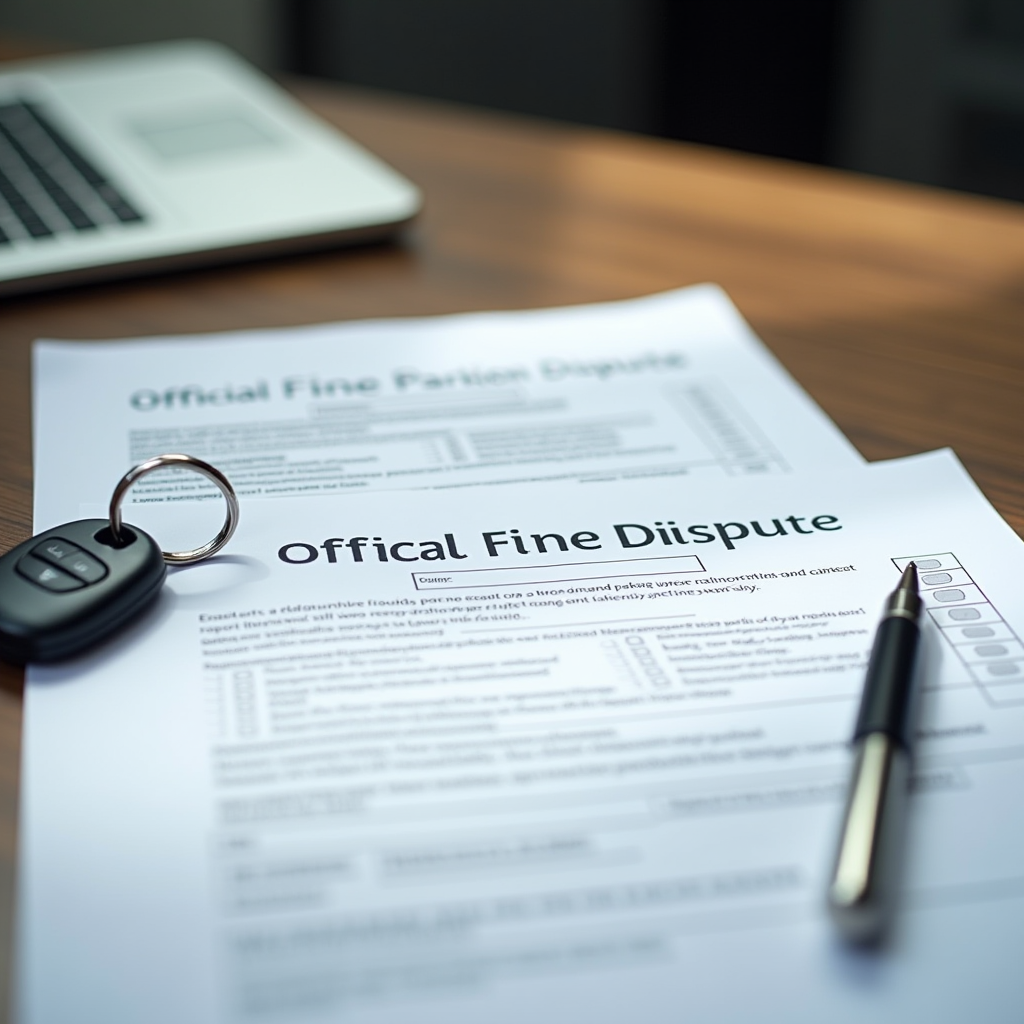 Document officiel de contestation d'amende de stationnement avec formulaire administratif, stylo et clés de voiture sur un bureau professionnel, éclairage naturel, photo réaliste haute qualité
