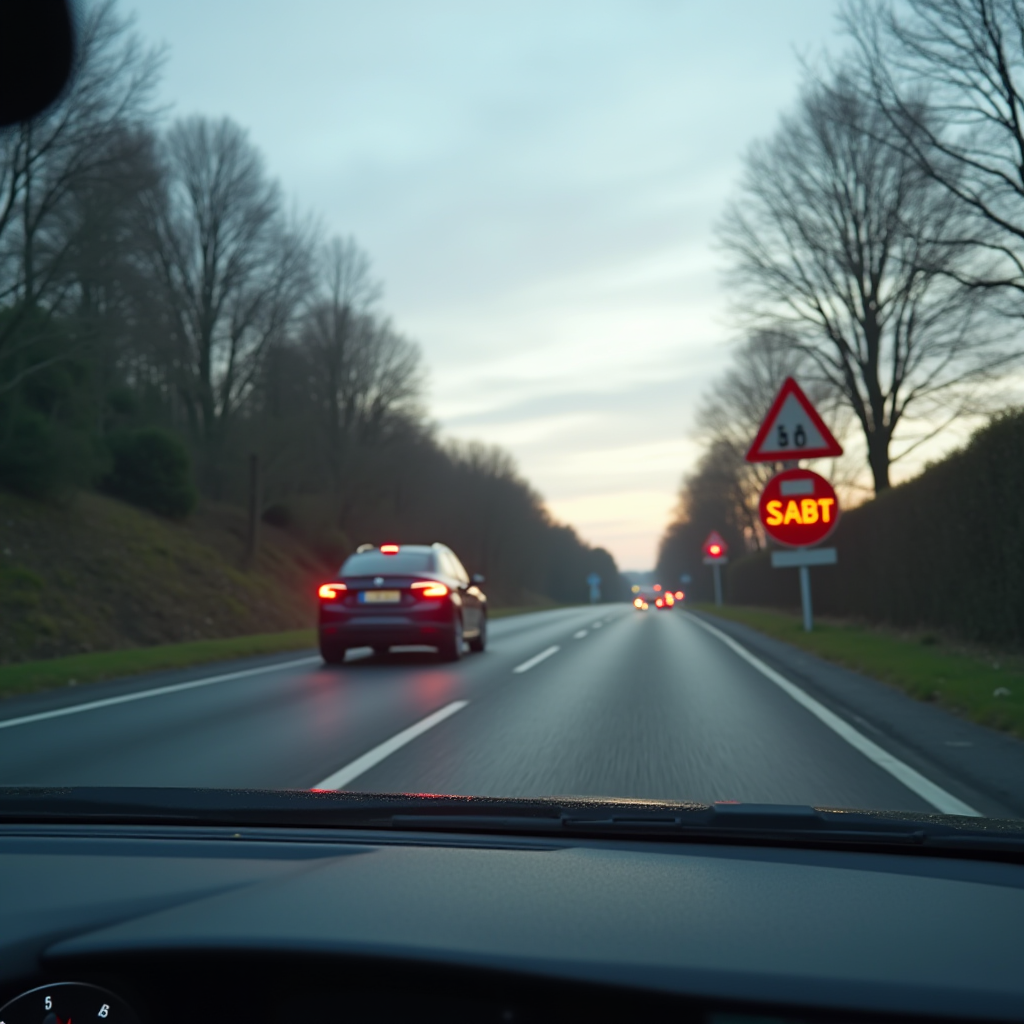 Radar automatique de contrôle de vitesse sur route française avec panneau de limitation de vitesse et véhicule en mouvement, illustration du système de sanctions routières