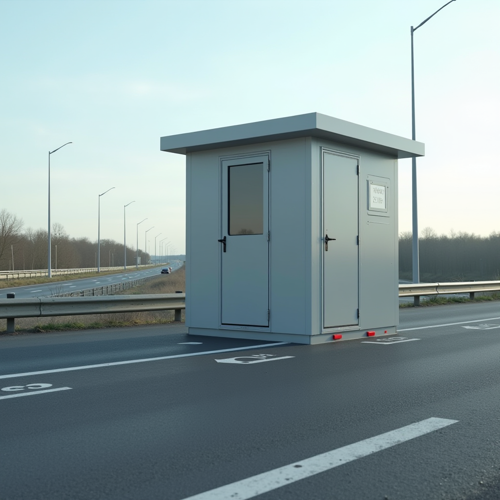 Cabine de radar fixe grise installée sur le bord d'une autoroute française, avec marquage au sol et signalisation de contrôle de vitesse