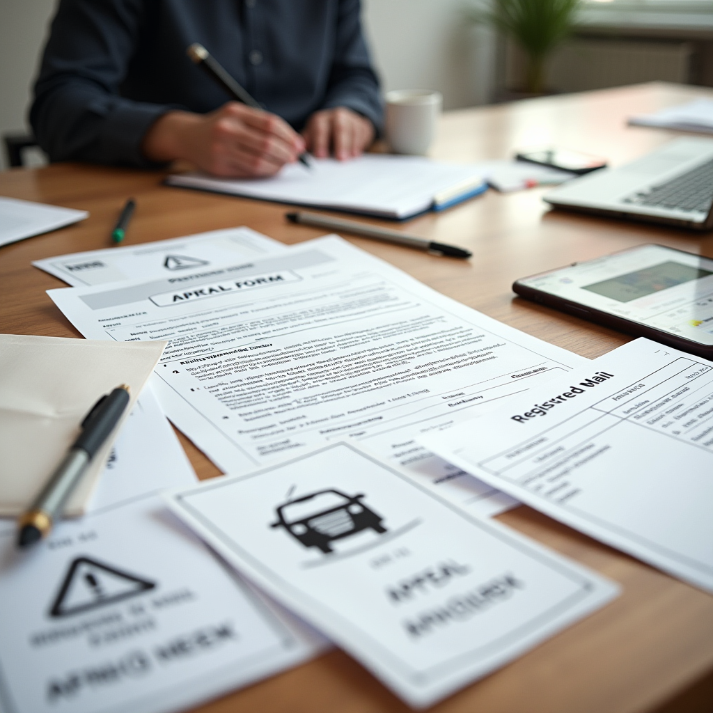 Table avec documents organisés incluant formulaire de contestation, photos de signalisation, carte grise, tickets de stationnement et enveloppe recommandée