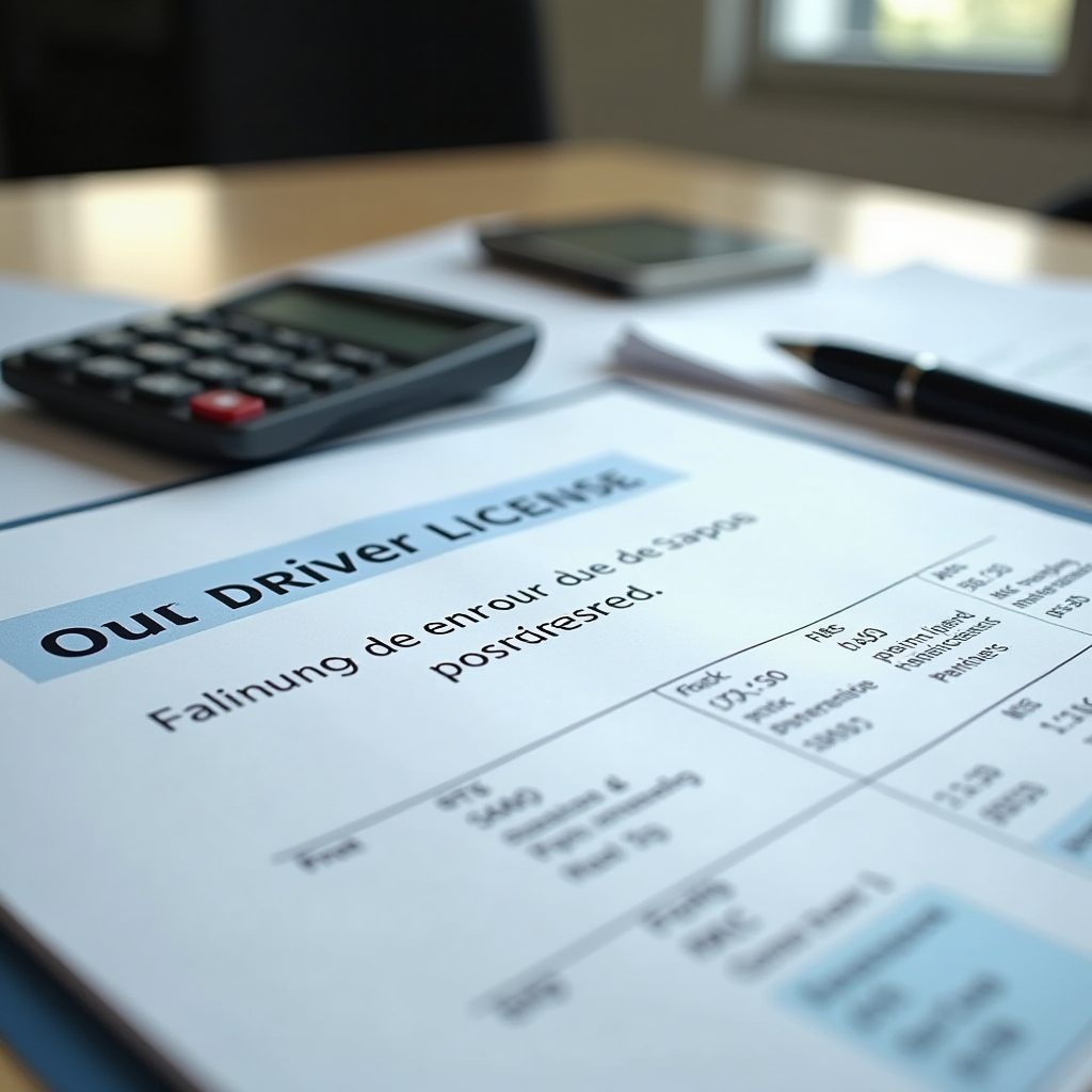 Permis de conduire français moderne avec solde de points visible, calculatrice électronique, documents administratifs et stylo sur bureau professionnel, éclairage naturel, composition organisée