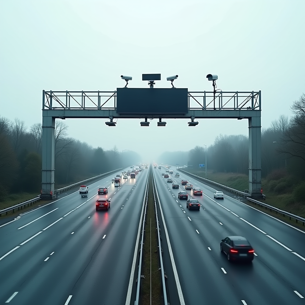 Portique de radar de tronçon au-dessus d'une autoroute française avec caméras de surveillance et système de reconnaissance de plaques, plusieurs voies de circulation