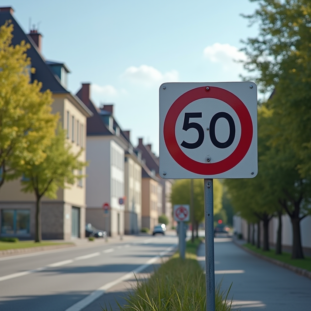Panneau d'entrée d'agglomération française avec limitation de vitesse 50 km/h, environnement urbain avec immeubles en arrière-plan, signalisation routière réglementaire, jour ensoleillé