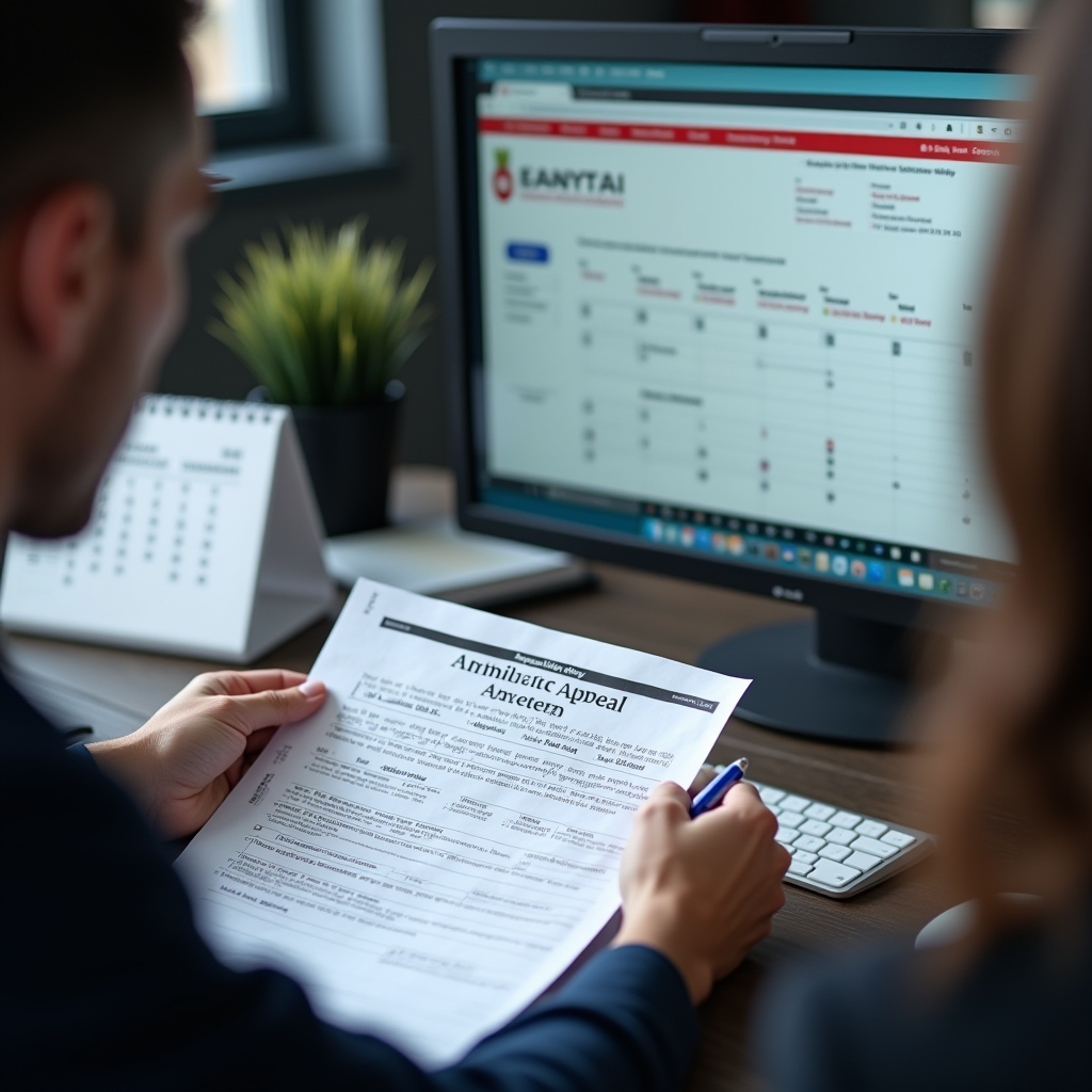 Scène montrant un avocat ou conseiller juridique examinant un dossier d'amende avec un client, des documents de recours administratif, un ordinateur affichant le site de l'ANTAI, et un calendrier marquant les délais de contestation