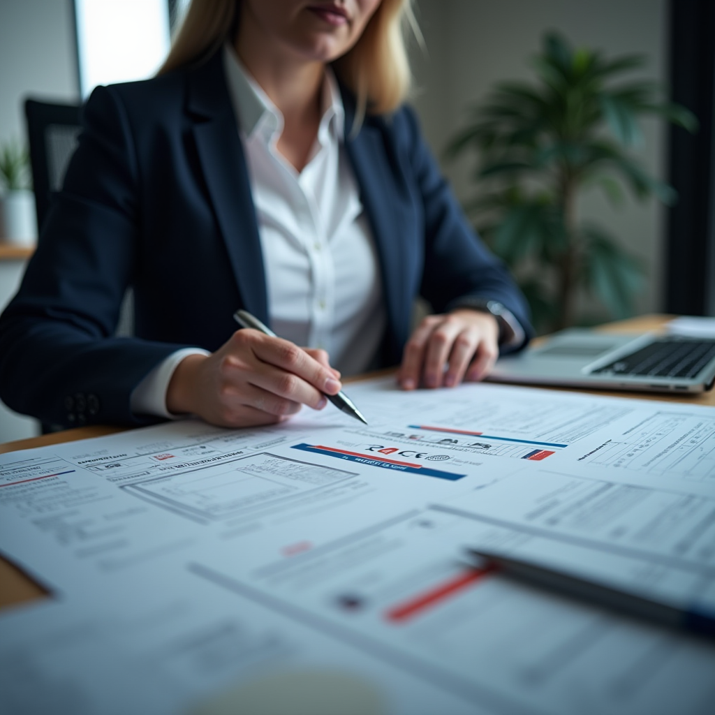 Gestionnaire de flotte automobile en entreprise consultant des documents de désignation de conducteur avec certificats d'immatriculation et formulaires administratifs sur bureau professionnel