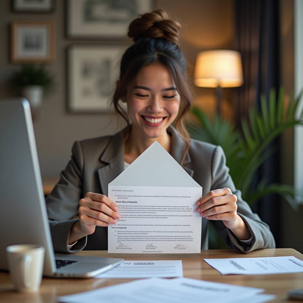Personne souriante ouvrant une enveloppe contenant une décision favorable de contestation d'amende, avec ordinateur et documents sur le bureau