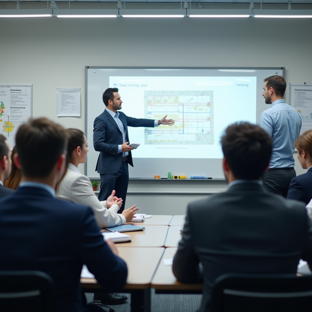 Salle de formation pour stage de sécurité routière avec formateur professionnel devant tableau blanc, groupe de participants attentifs, supports pédagogiques modernes, ambiance professionnelle et éducative