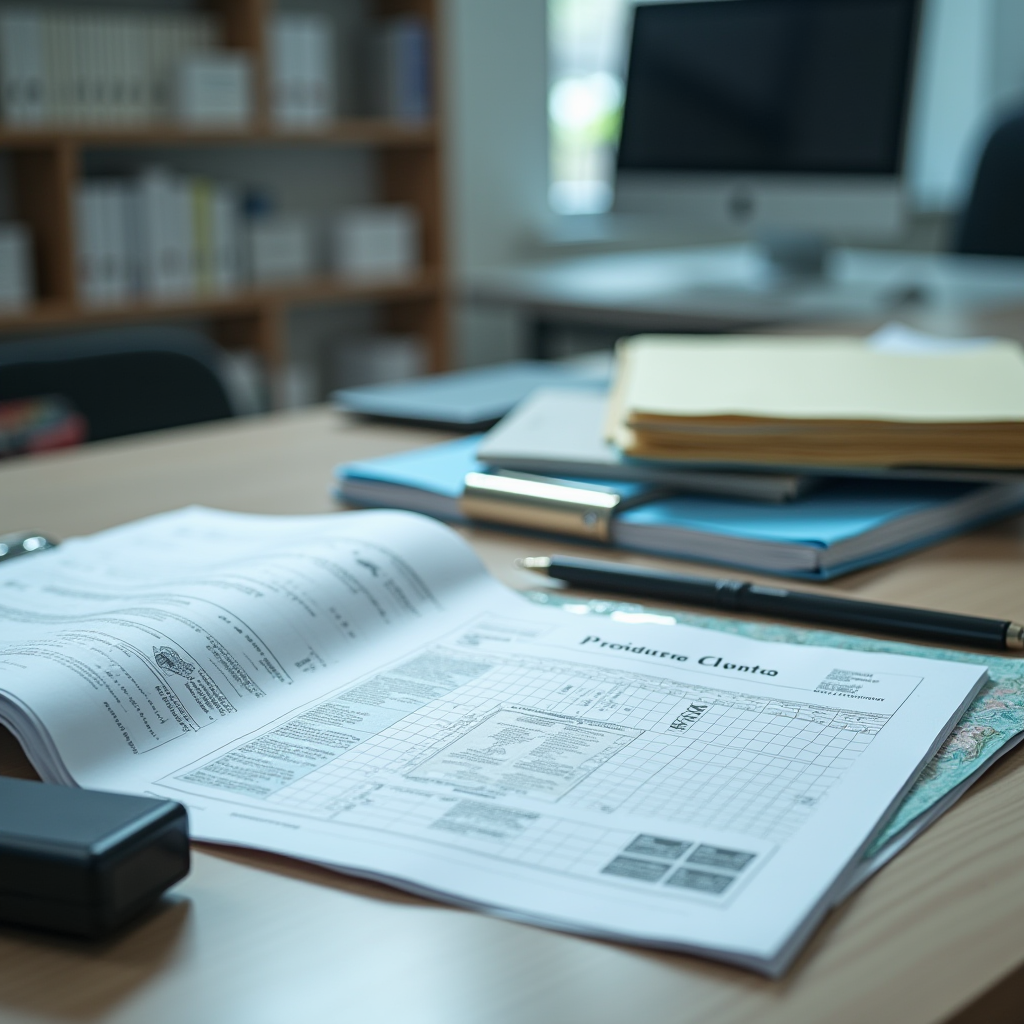 Bureau administratif de préfecture avec documents officiels relatifs au permis de conduire, tampon préfectoral, dossiers classés, environnement professionnel et institutionnel, éclairage de bureau