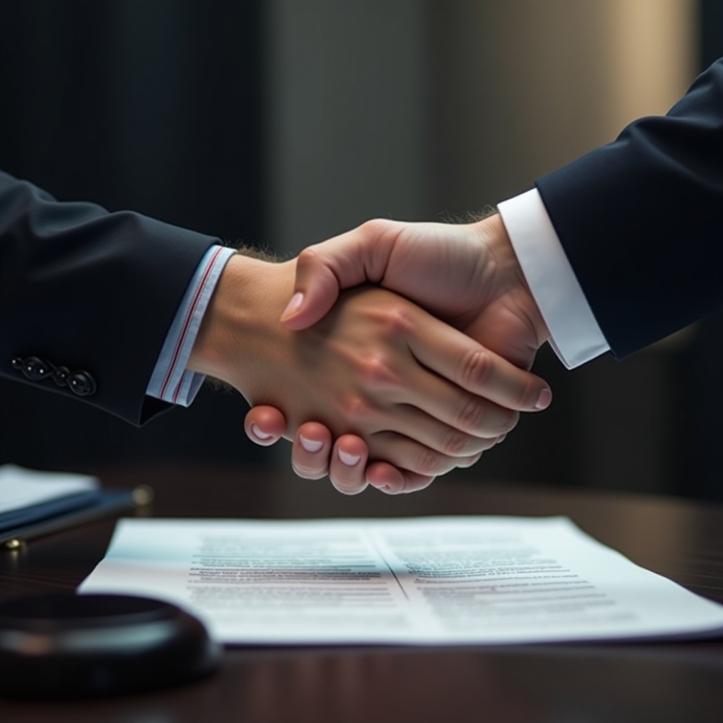 Représentation symbolique de l'engagement de JURIDPARLANT envers ses clients avec une poignée de main professionnelle et des documents juridiques